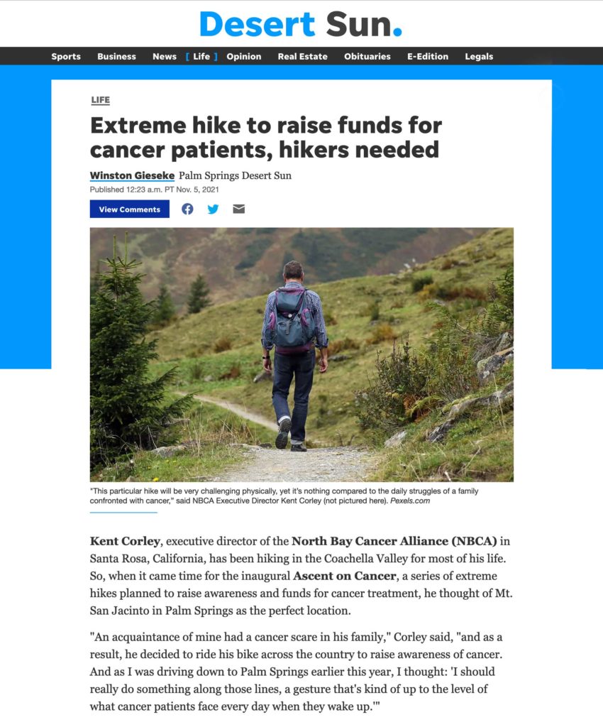Desert Sun article by Winston Gieseke, November 5, 2021, "Extreme hike to raise funds for cancer patients, hikers needed"