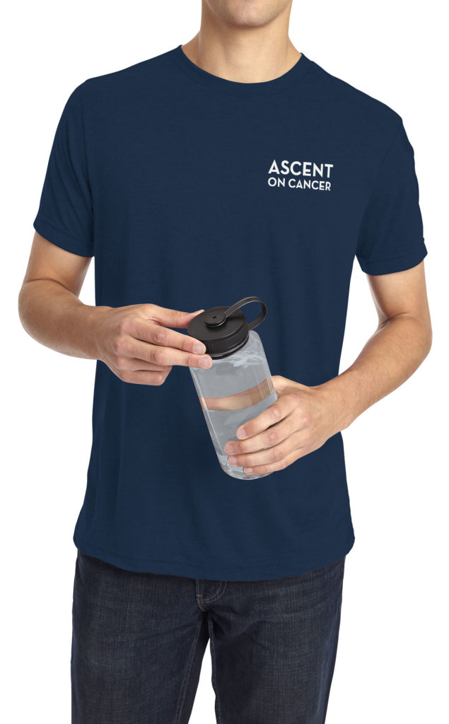 Man wearing a midnight blue Ascent on Cancer T-shirt